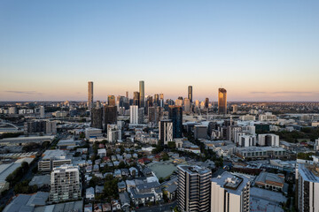 Drone view from South Brisbane of Brisbane City skyline, Queensland, Australia