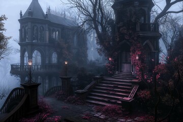Gothic mansion in a misty forest