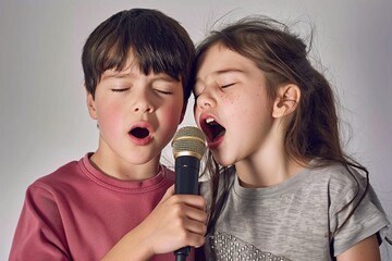 Two children passionately singing into a microphone together with eyes closed, conveying emotion and joy.