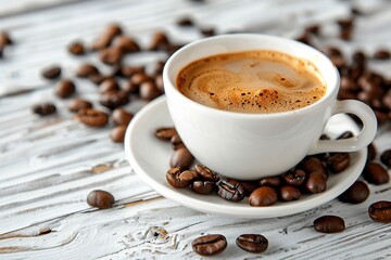 Cup of coffee and coffee beans on white wooden table