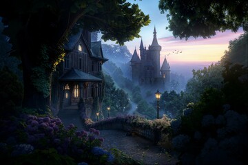 Fairy-tale cottage at dawn with flowers