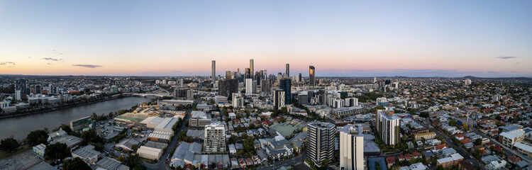 Drone view from South Brisbane of Brisbane City skyline, Queensland, Australia
