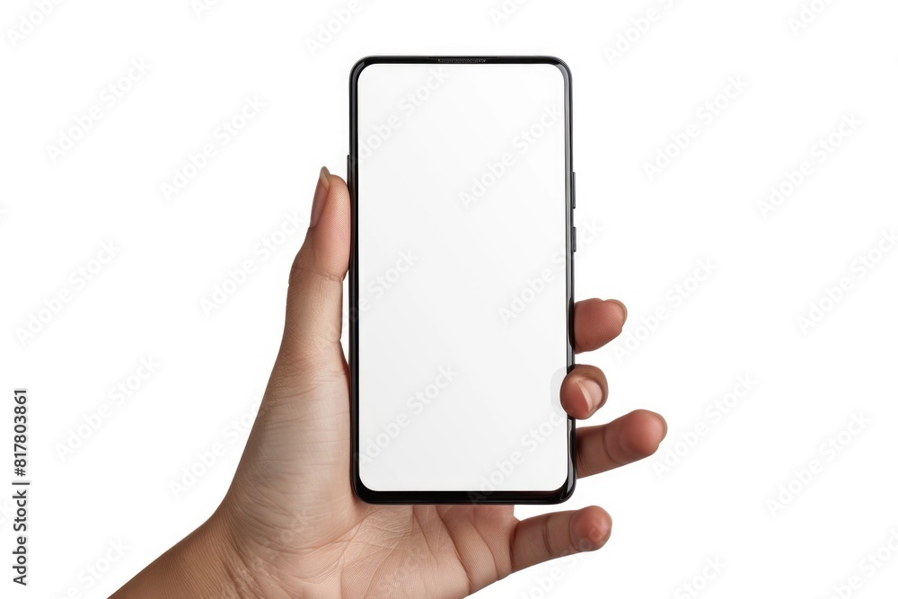 Poster a hand holding a phone with a white screen. suitable for technology concepts