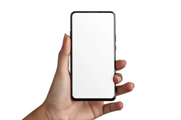 A hand holding a phone with a white screen. Suitable for technology concepts