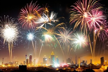 Naklejka premium Fireworks illuminate night sky above urban skyline