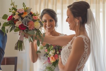 Two brides joyfully exchanging bouquets on their wedding day, wearing elegant white dresses, highlighting love and celebration.