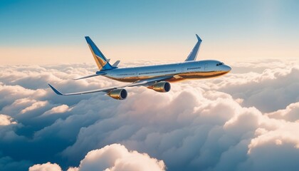 passenger plane flying above the clouds at high altitude
