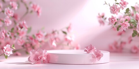Pink podium with delicate flowers for the presentation various products