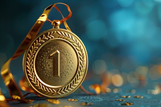 A close up of a gold medal with a ribbon around it