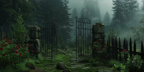 Mystical gate opening to forested pathway