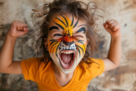 A child with face paint resembling a tiger roars with excitement, wearing a bright yellow shirt and making strong, playful gestures.