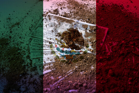 American dollars under the ground with Mexico flag, dollars and clays, dirty money in Mexico 