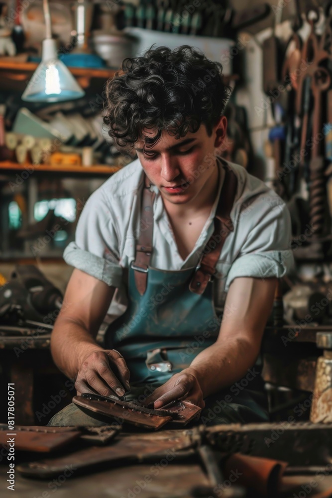 Poster a man is seen working on a piece of wood in a workshop. ideal for woodworking or carpentry concepts