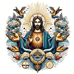 A graphic of a jesus christ with his arms out image has illustrative art realistic.