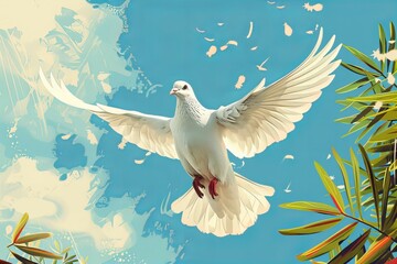 Obraz premium White dove soaring through sky with spread wings
