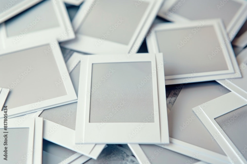 Poster a pile of white picture frames on a table. suitable for interior design concepts