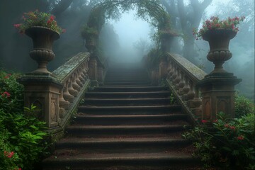 Foggy stairs with flowers in verdant forest