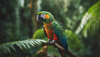 Obraz premium portrait of A vibrant parrot perched amidst the dense rainforest, echoing calls of the wild 