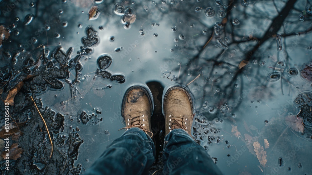 Poster A person standing in a puddle of water. Suitable for various concepts and designs