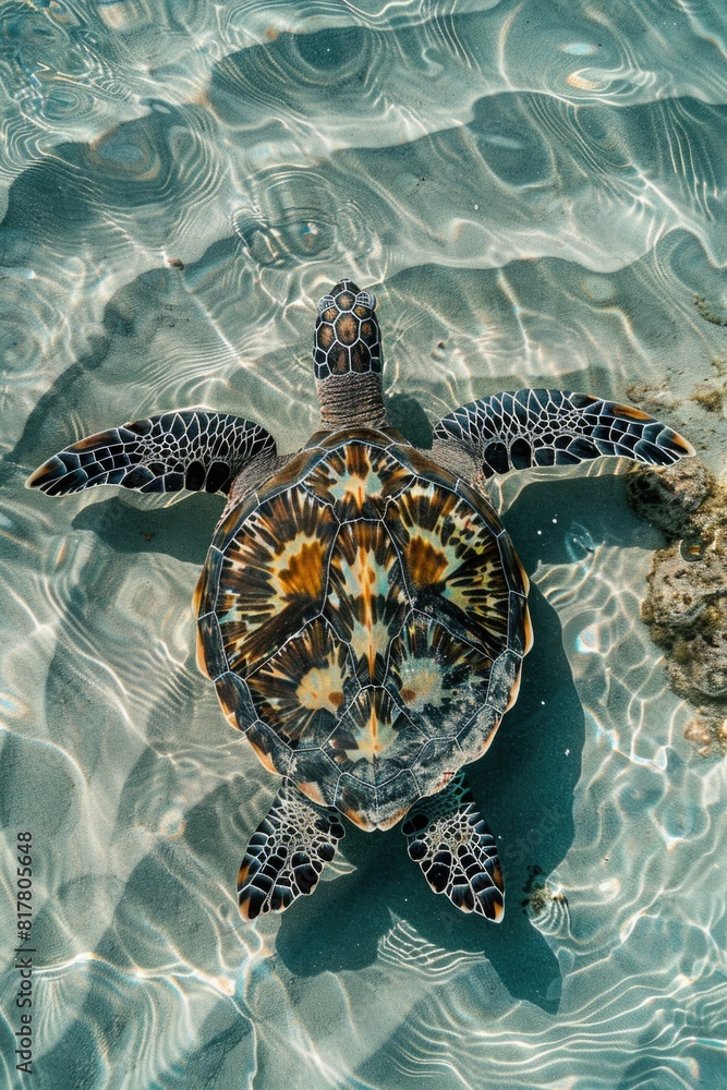 Poster a turtle swimming in a pool of clear water. suitable for nature and wildlife concepts
