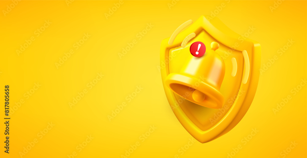 Poster yellow shield with ringing bell isolated on yellow background. 3d vector banner with copy space