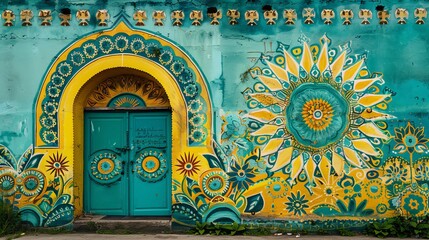 A beautiful, colorful outdoor wall, vibrant with shades of blue, green, and yellow, adorned with intricate patterns and artwork 