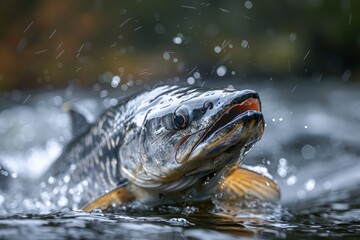 Sturgeon fish leaping out of a river, symbolizing conservation efforts. 