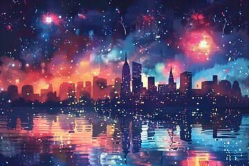 Obraz premium Fireworks illuminate urban skyline night view