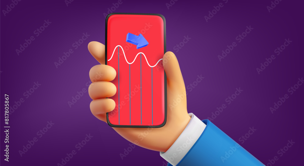 Poster man holding mobile phone with trading diagram. 3d vector illustration