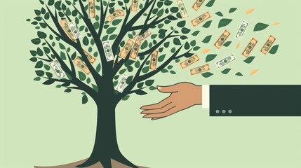 A hand shaking a tree, with money falling like leaves, illustrating financial growth and investment returns