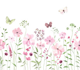 Watercolor seamless border with pink abstract wildflowers, green plants and butterflies. Floral horizontal delicate pattern, isolated background for wallpapers and textile, hand drawn illustration.
