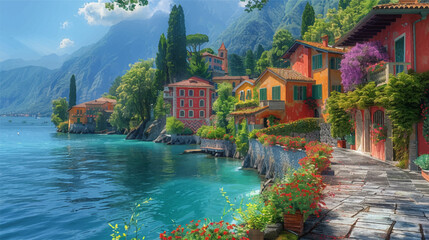 illustration of lake, garden walkway, houses, switzerland, vibrant colors in nature, nature painter,  italian landscapes