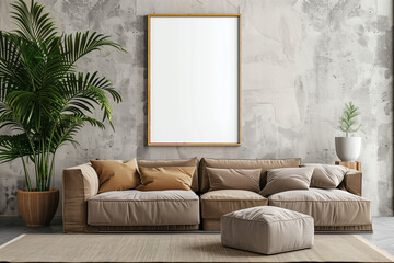 Large wall frame for poster mockup on living room wall. A spacious room with a modern design, a sofa, and a tall flower pot in a pot in the corner. Modern interior design in beige tones. 3D rendering