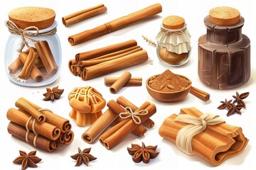 A close up of a bunch of cinnamon sticks and spices