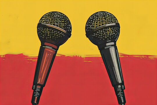 Two microphones against red and yellow backgrounds