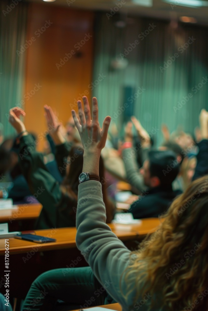 Poster a group of people raising their hands in a lecture hall. suitable for educational concepts