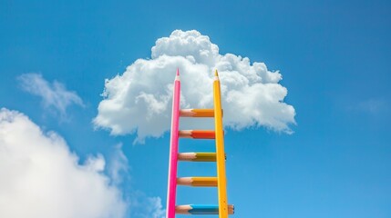 A ladder reaching up to the clouds, made from pencils and rulers, depicting creativity and the aspiration to reach higher in education and the arts