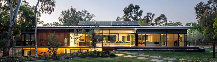 Obraz premium A modern ecohouse with solar technology, embracing nature s embrace for a sustainable future