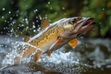 Fototapeta premium Sturgeon fish leaping out of a river, symbolizing conservation efforts. 