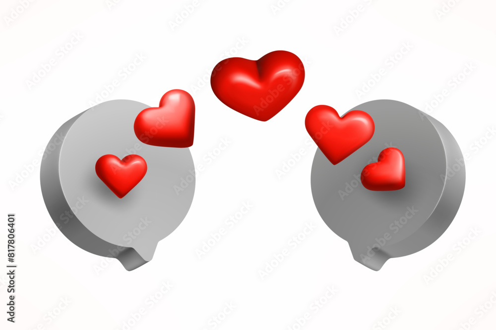 Poster love message concept. speech bubbles with hearts on white background. 3d vector illustration