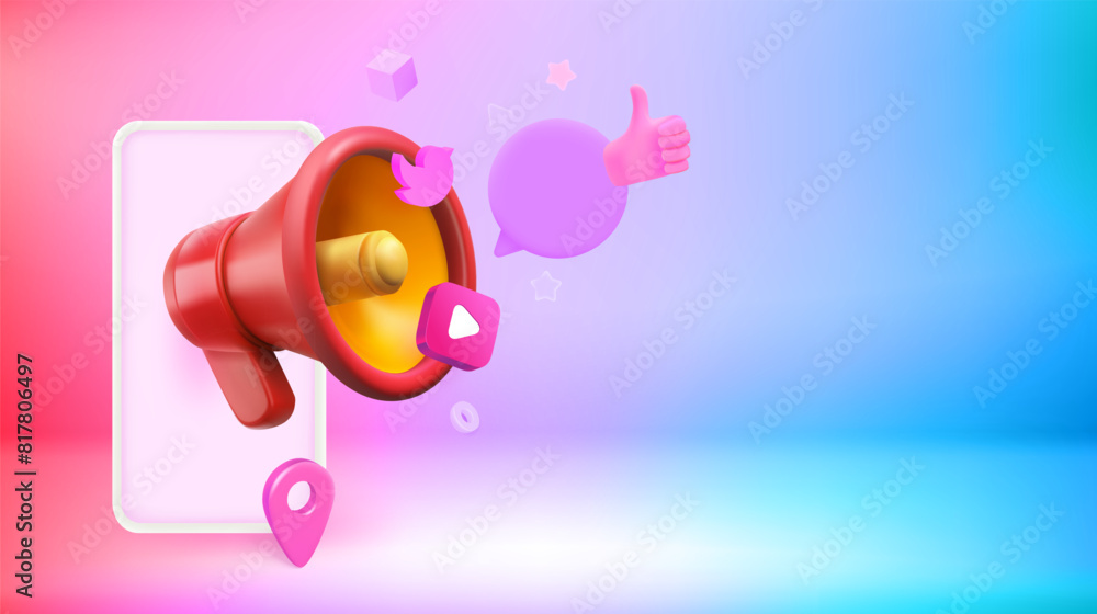 Poster smartphone with bullhorn. vector 3d banner with copy space
