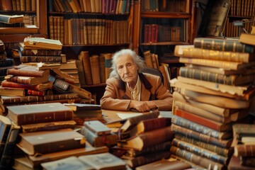 An elderly person sits at a wooden desk surrounded by stacks of old books and shelves filled with more books, evoking a sense of history and knowledge.
