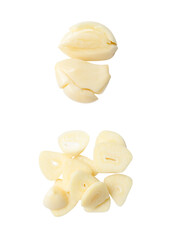 Top view set of fresh peeled pounded garlic cloves with slices in stack isolated with clipping path in png file format