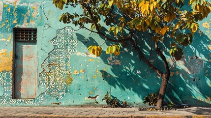 A beautiful, colorful outdoor wall, vibrant with shades of blue, green, and yellow, adorned with intricate patterns and artwork 