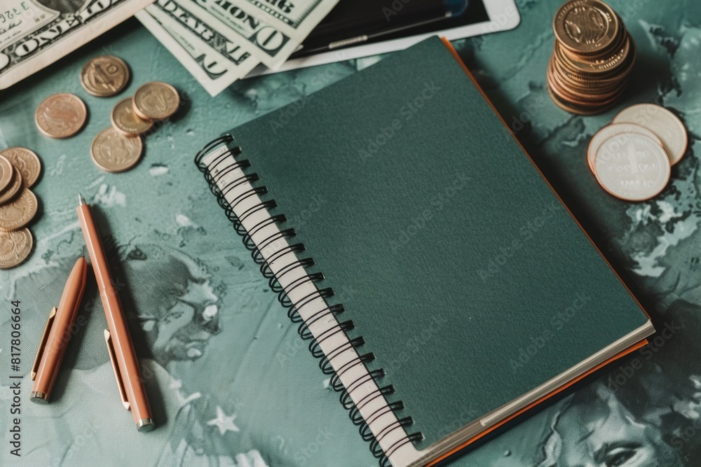 Poster a green notebook placed next to a stack of money, suitable for financial concepts
