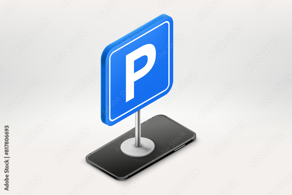 Poster parking application on smartphone. 3d vector illustration