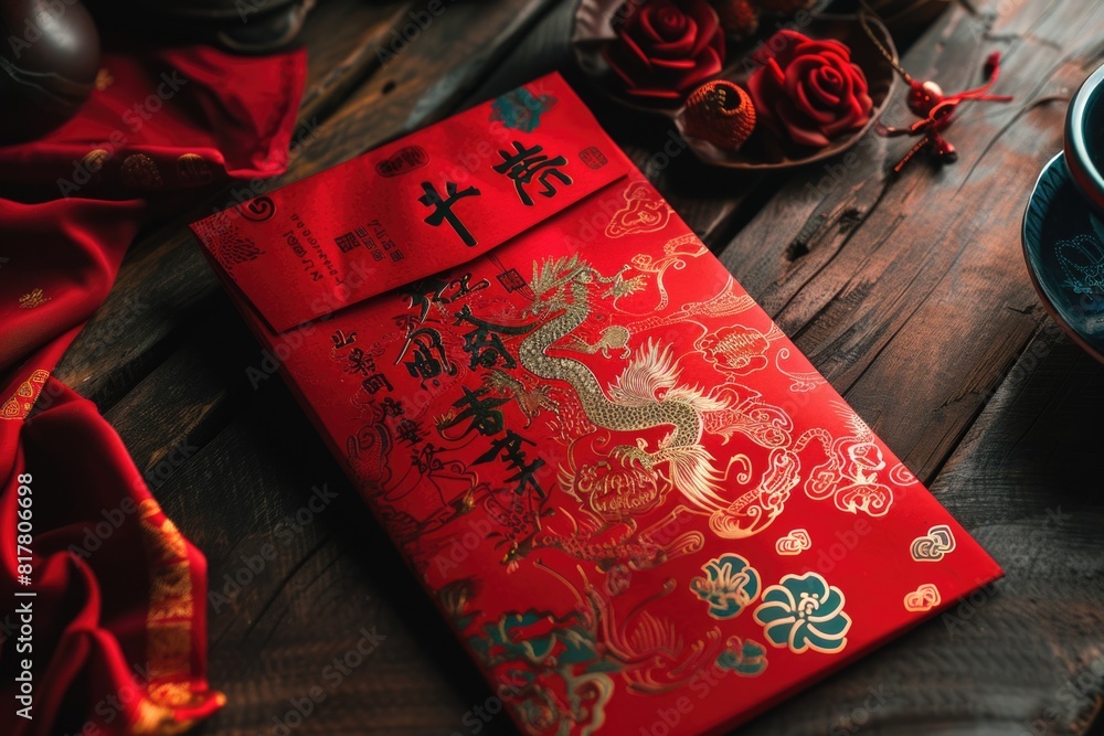 Poster a red envelope placed on a wooden table. suitable for various occasions