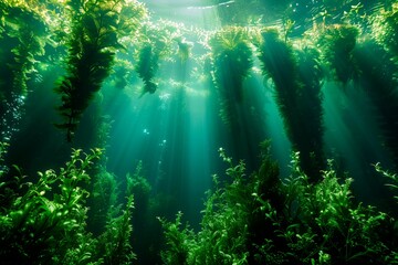 Seaweed forest landscape. Sunbeams coming from above. Bright scene. World ocean day