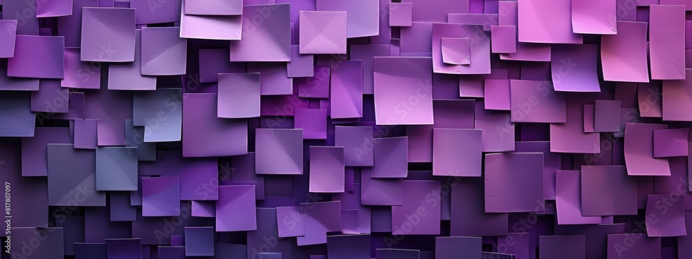Poster abstract paper cutouts arranged to form purple block patterns.