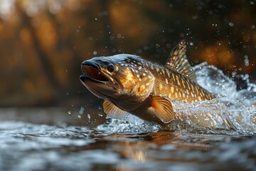 Sturgeon fish leaping out of a river, symbolizing conservation efforts. 